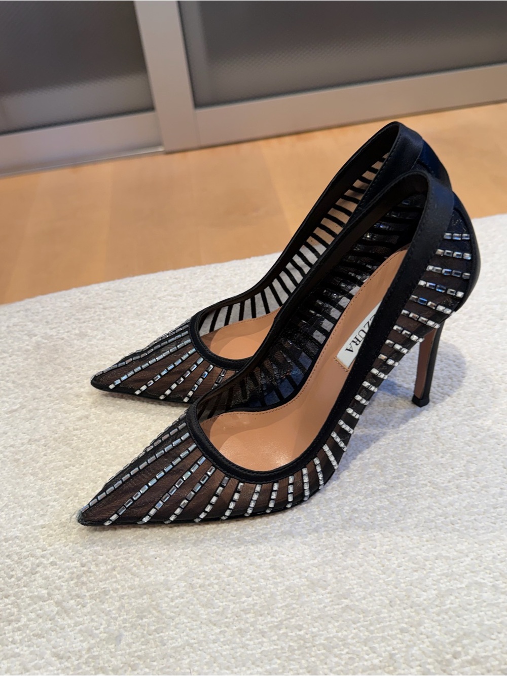 Aquazzura Passions Black Crystal-Embellished Pointed Mesh Pumps